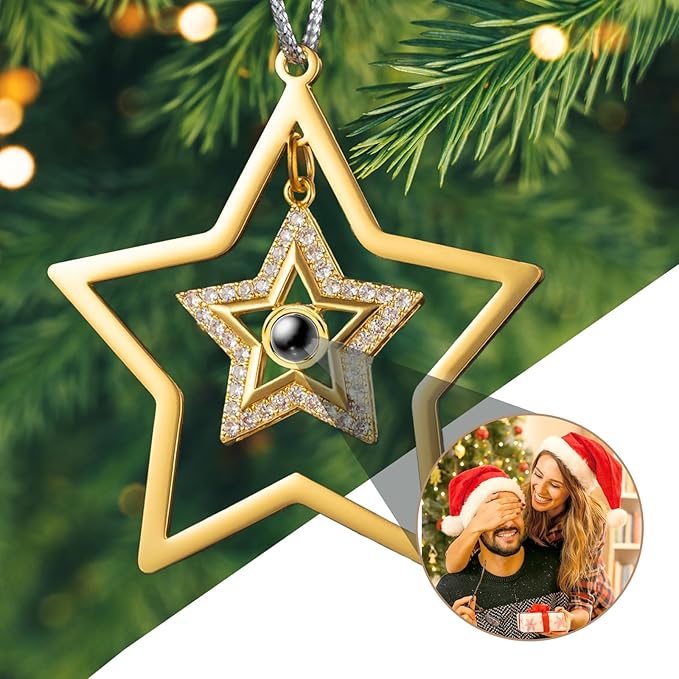 Custom Picture Ornaments, Personalized Christmas Ornaments with Photo Inside, Star Projection Pendant Ornament, Memorial Christmas Ornament, Gifts for Family/Friends/Couples(Double Star)