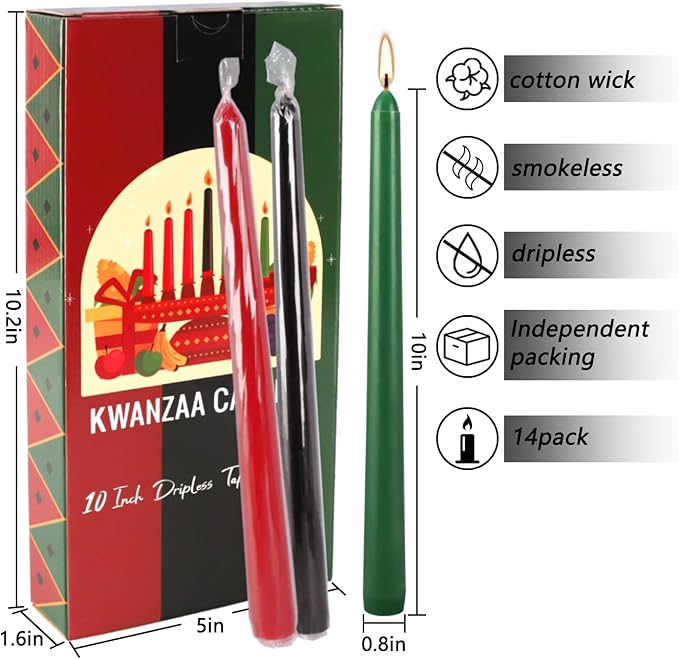 Set of 14 Kwanzaa Taper Candles, 6 Red, 6 Green, 2 Black Mishumaa Saba Candle Set, 10 Inch Dripless Tall Candle Stick for Kwanzaa, 7-7.5 Hour Burn Time