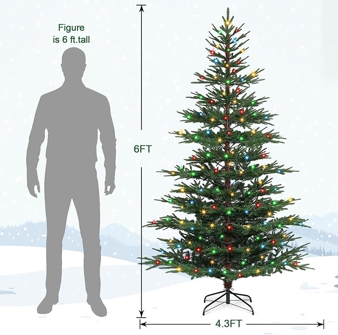 6 FT Pre-Lit Artificial Christmas Tree with 250 Dual-Color LEDs & Timer, 530 Realistic Branch Tips, Metal Stand for Holiday Home Christmas Decorations