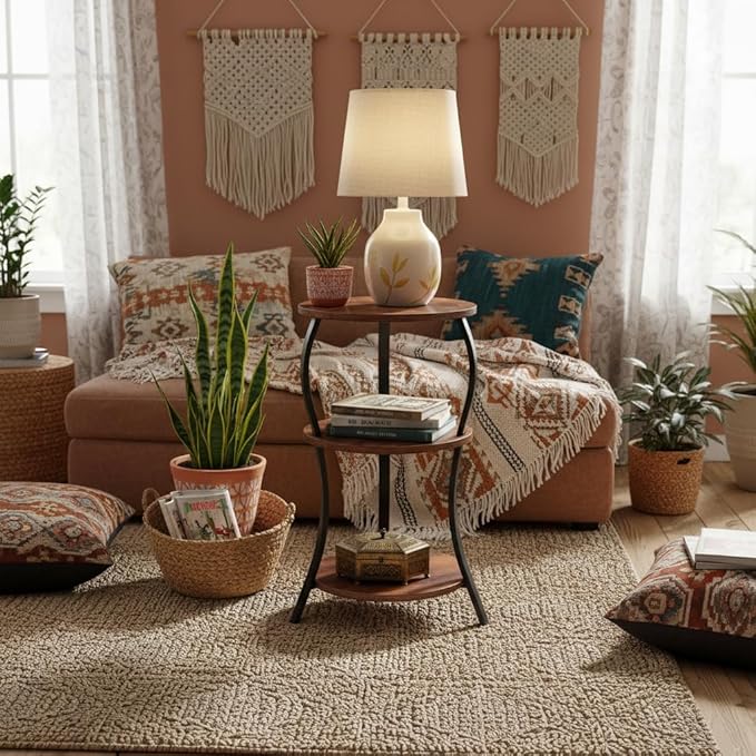 Round Side Table, 3-Tier End Table with Storage Shelf for Narrow and Small Spaces, Round Sofa Table Vintage Corner Tables for Living Room,Bedroom Nightstand/Rustic Brown