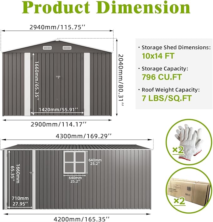 10x14 FT Outdoor Storage Shed, Large Metal Garden Shed with Side Door, Outside Tool Sheds with 2 Windows, Waterproof Storage Building with 4 Air Vents for Backyard, Patio, Lawn, Gray