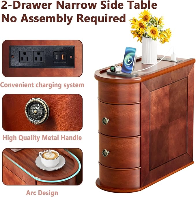ROOMTEC Solid Wood End Table with Charging Station,Narrow Side Table with USB Ports and Outlets,No Assembly,Slim Chair Side Table,Narrow Sofa Side Table for Living Room Bedroom