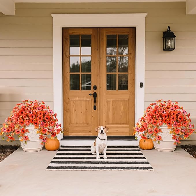 Artificial Fall Hanging Flowers for Outdoors Decoration, 2Pcs Fake Petunias Silk Plants UV Resistant No Fade, Realistic Faux Flower Look Real for Outdoor Planters Garden Porch Patio (Fall Orange)