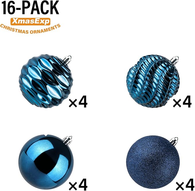 XmasExp 16ct Christmas Balls Ornaments - Shatterproof Large Hanging Ball Decorative Xmas Balls for Holiday Wedding Party Xmas Tree Decoration(3.15"/80mm, Diamond Blue)