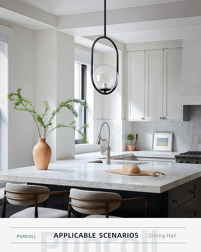 Glass Pendant Lights - 1-Light Pendant Lighting for Kitchen Island with Black Finish - Vintage Pendant Light Fixtures - Black Hanging Lights for Kitchen H9376-CLBK