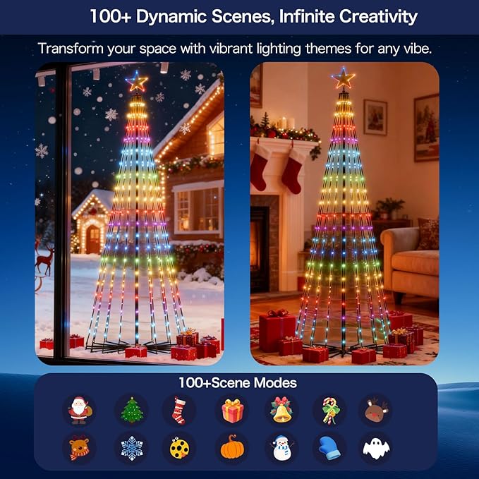 Christmas Cone Tree Lights, 8.5ft 460 LEDs Christmas Tree Lights with App Control, IP67 Waterproof Outdoor String Lights for Xmas Decorations,100+ Scene Modes, Music Sync,Adapter,Black Stand