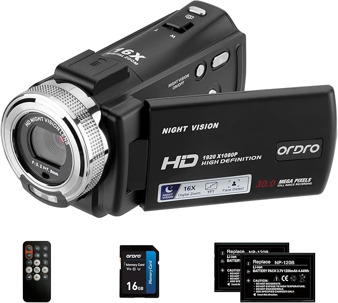 ORDRO Camcorders HDV-V12 HD 1080P Video Camera Recorder Infrared Night Vision Camera Camcorders with 16G Memory Card and 2 Batteries