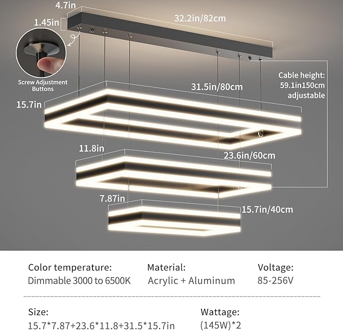 Modern Chandelier, 3 Layer Rectangle Pendant Light Fixtures, 3000K-6500K Dimmable Kitchen Island Chandelier, Adjustable Height Ceiling Hanging Led Light for Dining Room, Living Room, Foyer
