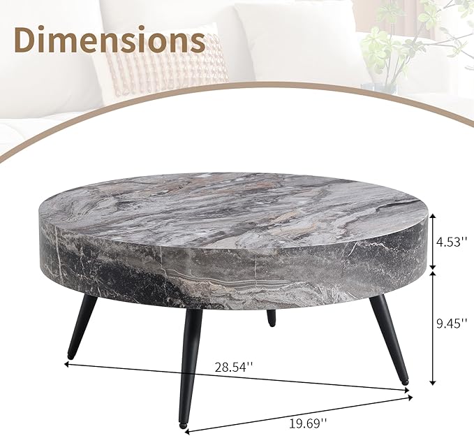 LKTART Coffee Table for Living Room, Round Wood Coffee Tables, Modern Metal Accent Center Tea Table for Apartment Small Space (31Inch-Marble Grey)