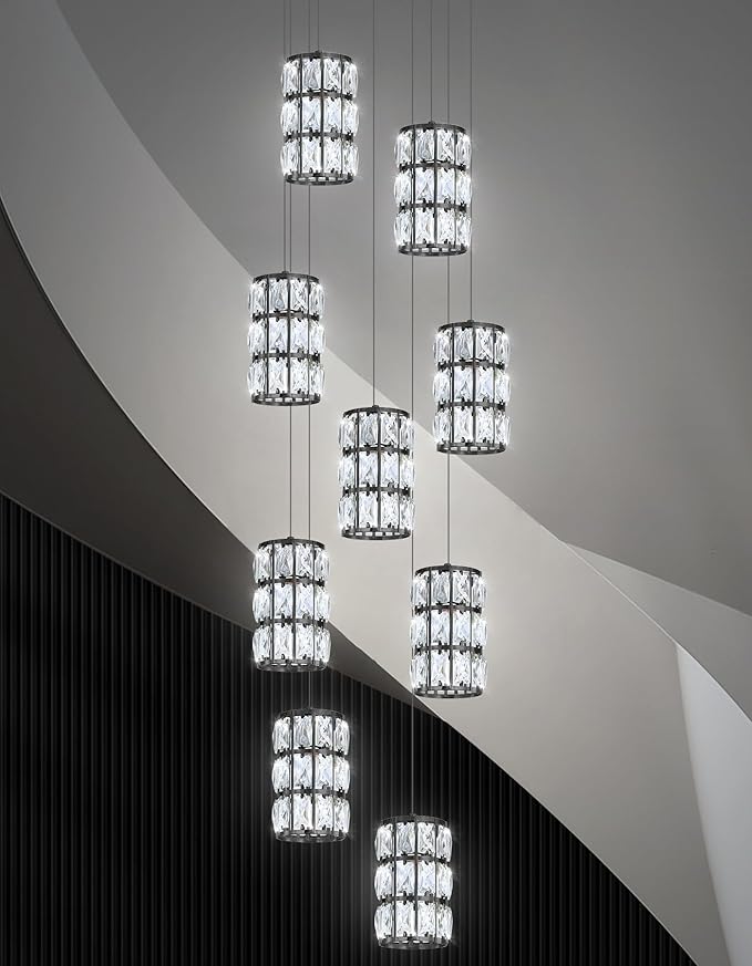 9-Lights Modern Crystal LED Dimmable for Staircase Foyer High Ceiling Chandeliers Hallway Black