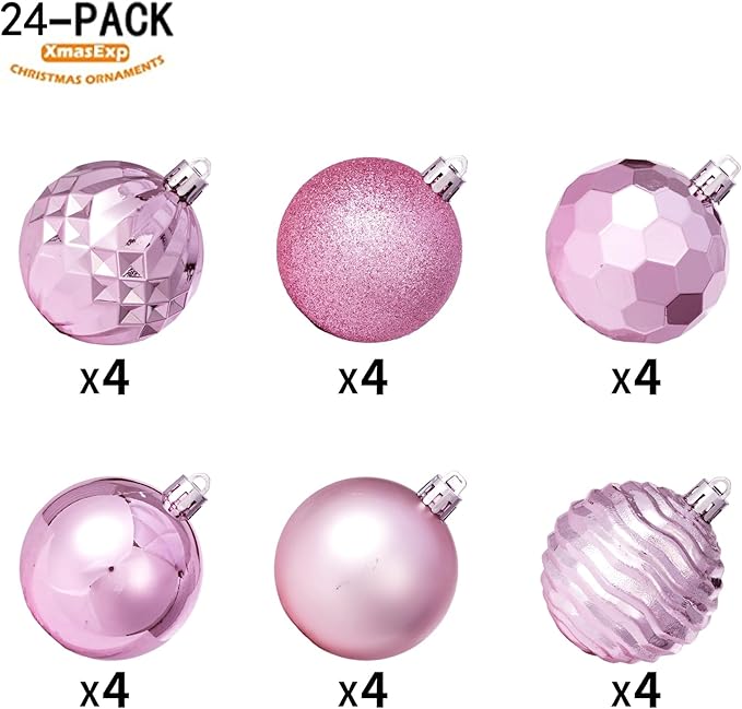 XmasExp 60mm/2.36" Christmas Ball Ornaments Shatterproof Christmas Ornaments Set Decorations for Xmas Tree Balls - 24ct (2.36'', Pink)