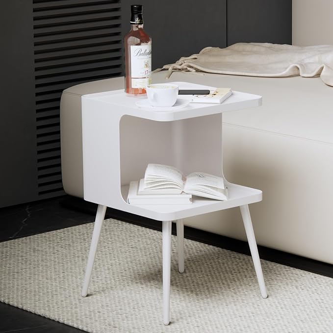 Metal Side Table,Modern end Table,Bedside Table,Small nightstand with Storage Shelf for Bedroom Living Room Small Space (White)