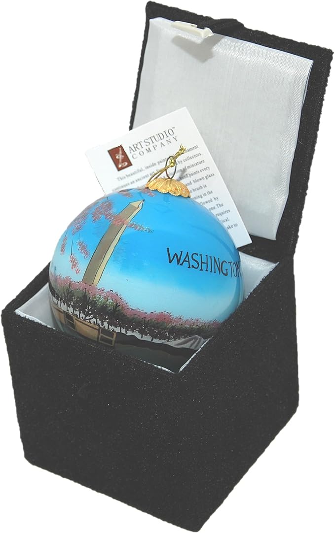 Blown Glass Christmas Ornament | Washington Monument Cherry Blossoms | Hand Painted Inside | Original Art | Includes Gift Box
