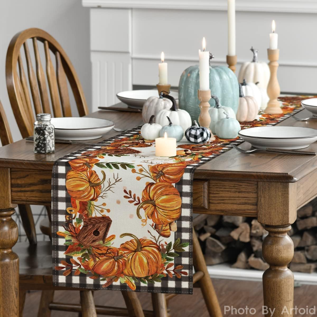 Artoid Mode Buffalo Plaid Pumpkins Mushrooms Birdhouse Leaves Table Runner, Seasonal Fall Harvest Vintage Kitchen Dining Table Decoration for Indoor Outdoor Home Party Decor 13 x 108 Inch