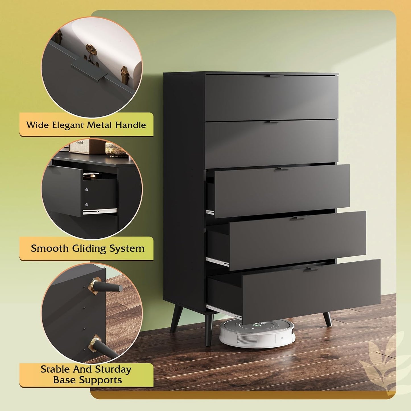 WLIVE 5 Drawer Dresser for Bedroom, Tall Wood Dresser, Black Dressers Storage Organizer with Sturdy Metal Handle, Chest of Drawers for Living Room, Hallway, Closet