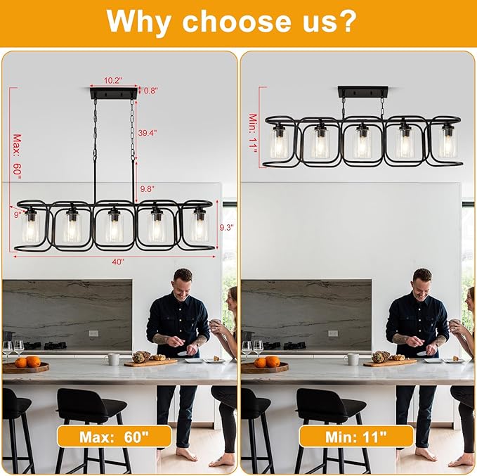 40" Dining Room Light Fixture/Chandelier Over Table, 5-Light Black Kitchen Island Lighting with Clear Glass Shade Farmhouse Linear Hanging Pendant Lights Fixture for Kitchen Island Dining Room‌ Bar