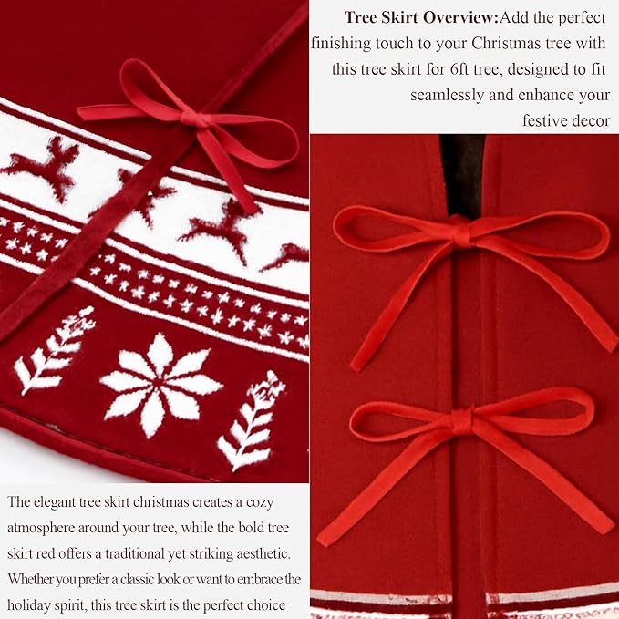 Christmas Tree Skirt 48 Inches | Red Xmas Tree Skirt with Rustic Snowflake & Reindeer Pattern, Fits 5 to 7 Foot Trees, Perfect Christmas Decorations for Holiday Trees.