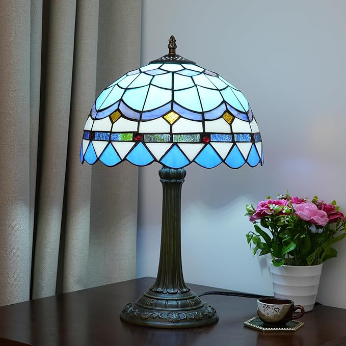 Tiffany Table Lamp Stained Glass Lamp Mediterranean Blue Bedroom Table lamp Reading Desk Light for Bedside Living Room Office Dormitory Dining Room Decorate Housewarming Gift 12X12X18 inches