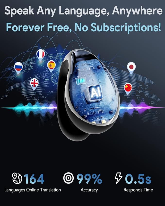 Ai Translation Earbuds Real-Time – Ear Buds Translators Any Language, Audifonos Traductores Inglés Español, Instant Translating Earbud Devices for Live Global Conversations, Crystal Black