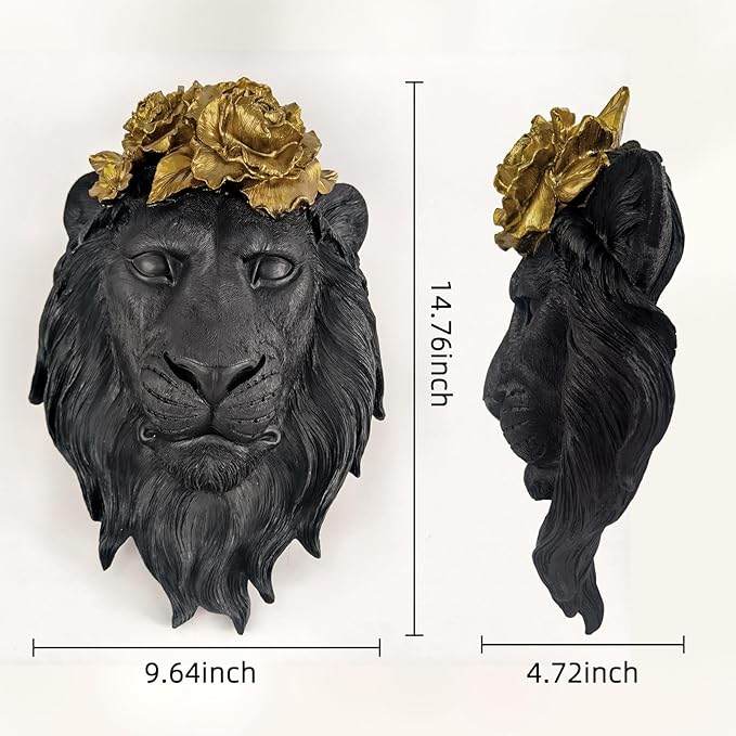 GUSFREUD Black Lion Animal Head Wall Decor – Resin Lion Wall Sculpture, Vintage Black Wall Art for Living Room, Bedroom, Office, Maximalist Home Decor