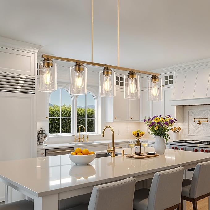Island Light for Kitchen, Brushed Brass Dining Room Light Fixture Over Table, 5-Light Linear Chandelier Pendant Lighting for Dining Table Kitchen Island Living Room