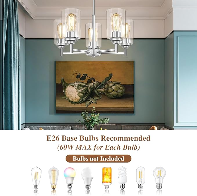 19.8'' 5-Light Chandelier for Dining Room Kitchen Island, Modern Farmhouse Pendant Lighting with Glass Shades Industrial Brushed Nicke Hanging Ceiling Light Fixture for Living Room, Height Adjustable