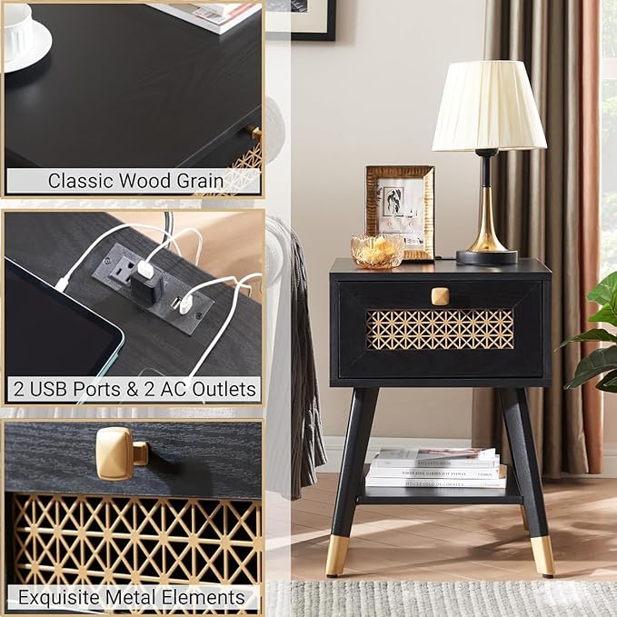 Mid Century Modern End Table with Charging Station, Small Side Table Nightstand with USB Ports & Outlets, Storage Drawer & Open Shelf, Black Boho Wood Table for Living Room, Bedroom, Office,Set of 2