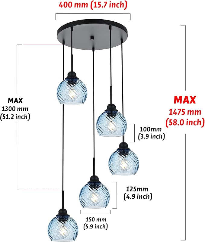 5 Light Cluster Pendant Lighting with Striped Swirl Globe Glass Blue Pendant Light for Kitchen Island, Modern Dining Room Light Fixtures Over Table Hanging Ceiling Light, E26 Base