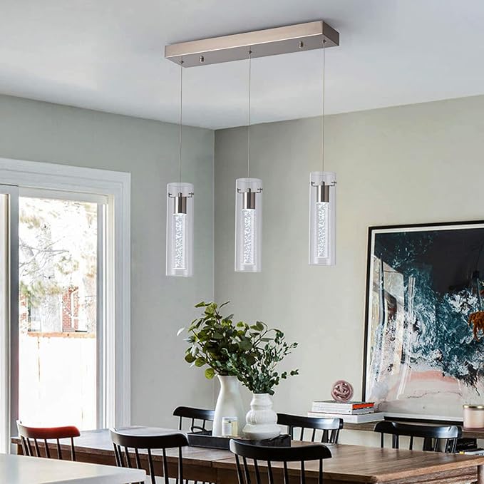 Pendant Lights Kitchen Island with Remote Control, Dimmable Brushed Nickel & Clear Cylinder, Adjustable Height Kitchen Pendant Lights, Island Lights for Kitchen, Modern Lighting Fixture