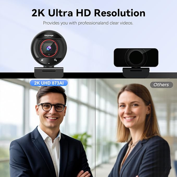 ‌2K AI Webcam for PC,1080P 60fps TOF Computer Camera with 8X Digital Zoom USB 3.0 Webcam with Remote Control/HDR/Dual Noise Cancelling Mics for Streaming & Meeting on Zoom/Teams/Facetime