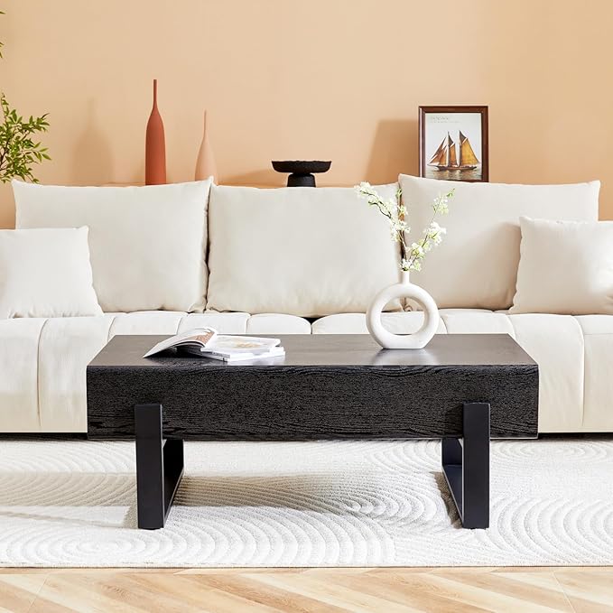 LKTART 47'' Rectangle Coffee Table for Living Room, Marble Pattern Desktop, Stable Metal Tea Table Legs for Dining Room Apartment Small Space (Black)