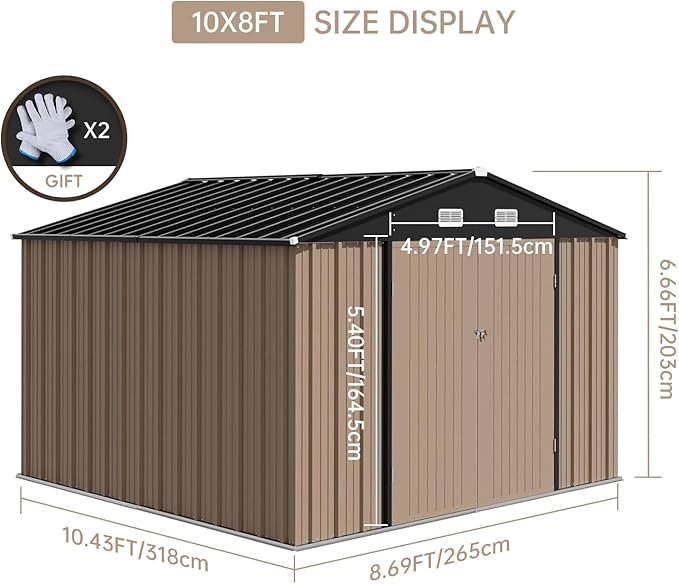 10X8FT Metal Storage Shed - Large Waterproof Tool Metal Shed with Lockable Doors & Vents, All-Weather Outdoor Sheds for Lawn Mower, Bike