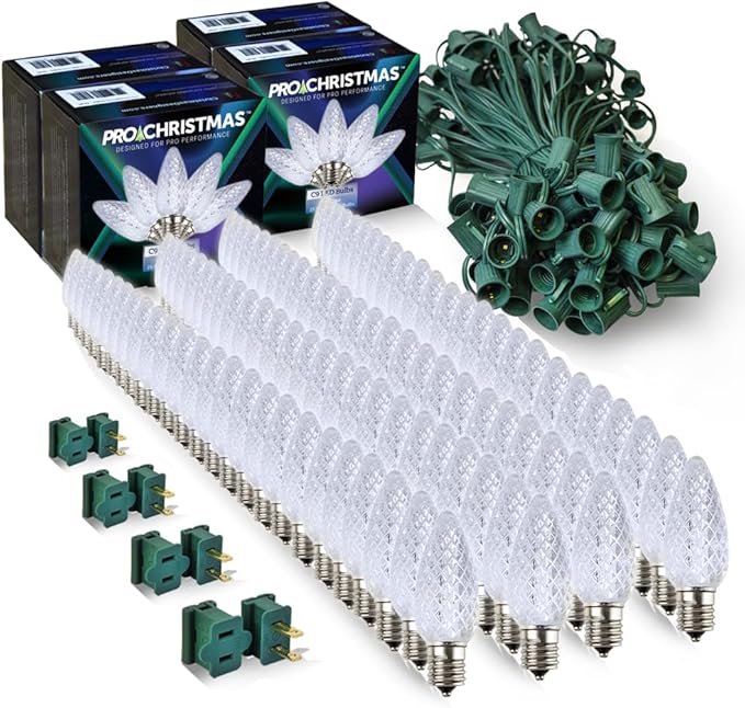 Pro Christmas C9 LED Christmas Light Kit for Rooflines & Pathways – DIY Cut to Length, Outdoor Commercial Grade (Green Wire w/Vampire Plugs, 100 Bulbs, 100 ft) Cool White