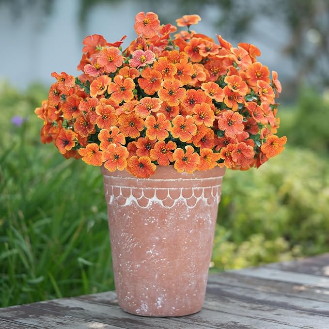 Orange Fall Artificial Flowers for Outdoors Decorations, 12 Bundles Faux Fall Mums Flowers, UV Resistant Realistic Silk Daisy with Eucalyptus for Home Decor Garden Planters Patio Yard Balcony