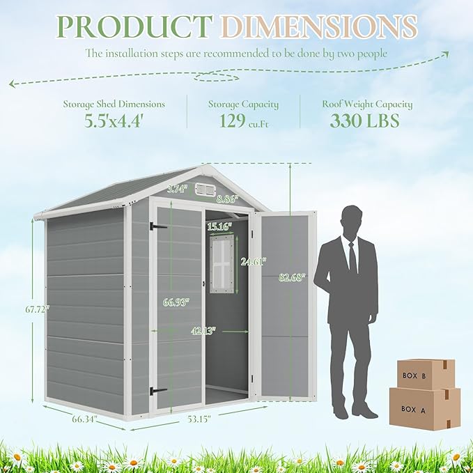 5.5 x 4.4 ft Resin Storage Shed with Floor, Outdoor Tool Shed with Window, Vents, and Stainless Steel Cores, for Pool Supplies/Lawn Mower/Bikes, Grey