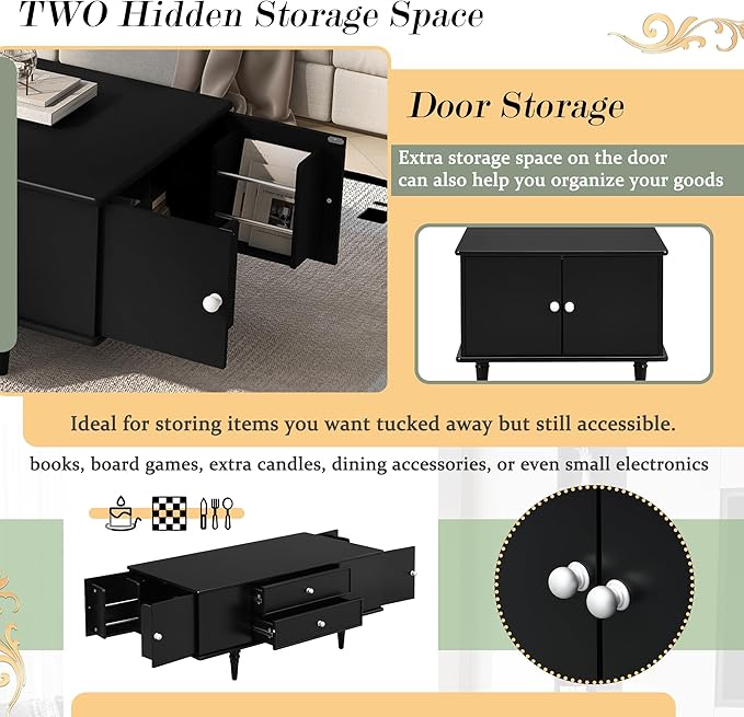 Modern Wooden Coffee Table with Hidden Storage Cabinets and Drawers, 47.2-Inch Rectangular Center Cocktail Table with Solid Wood Legs for Living Room, Black