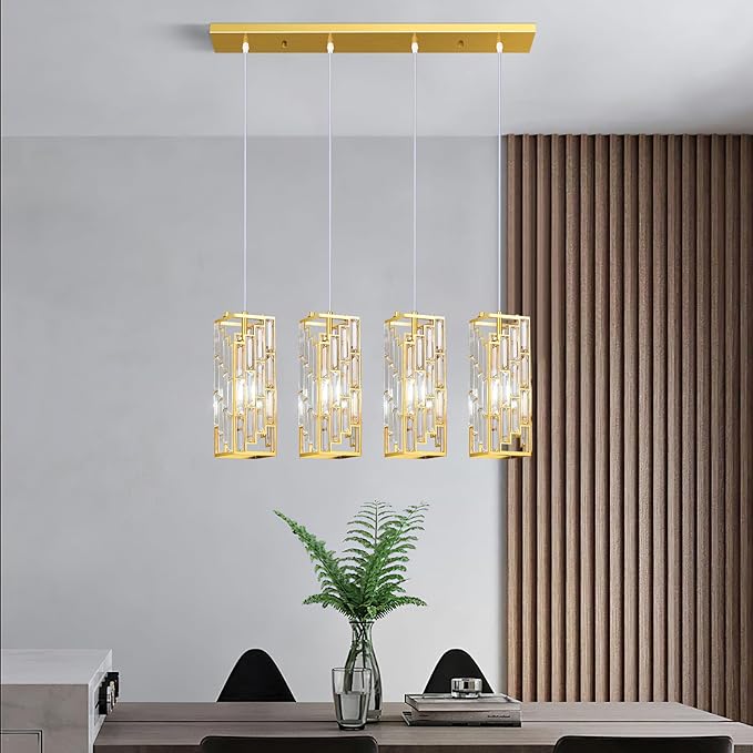 Gold Pendant Lighting Modern Pendant Light, Mini Crystal Chandeliers,Adjustable Pendant Light Fixture for Kitchen Island Dinning Room Bedroom (4 Light)