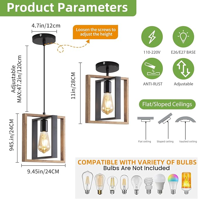 2 Pack Farmhouse Pendant Light Fixture, Black Kitchen Island Pendant Lights, Industrial Metal and Vintage Wood Hanging Light, Adjustable Height Rustic Ceiling Lamp for Entryway, Dining Room, Foyer