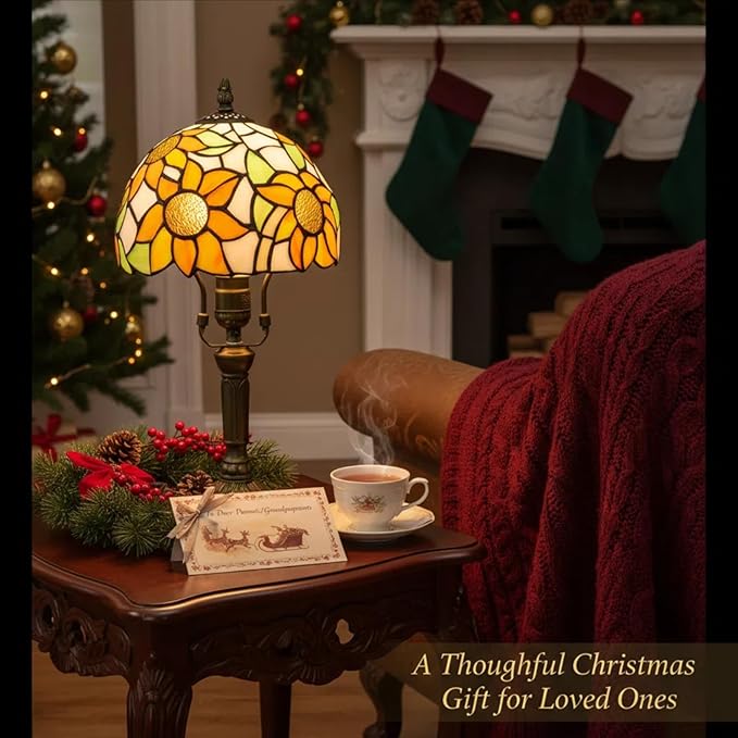 Tiffany Lamp Stained Glass 3 Way Table Lamp,Yellow Sunflower Bedside Table Lamp LED E26 Bulb, for Bedroom Living Room,Included 3 Way LED Bulb