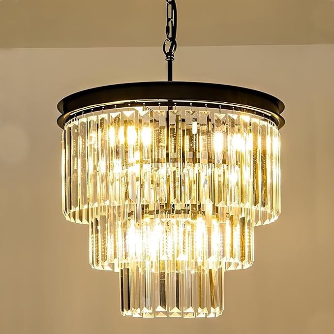 Round Crystal Chandelier 6-Lights 15.8" Black K9 Crystal Pendant Lights 3-Tier Luxury Hanging Dining Room Light Fixture for Living Room Bedroom Kitchen Island Entryway Hallway