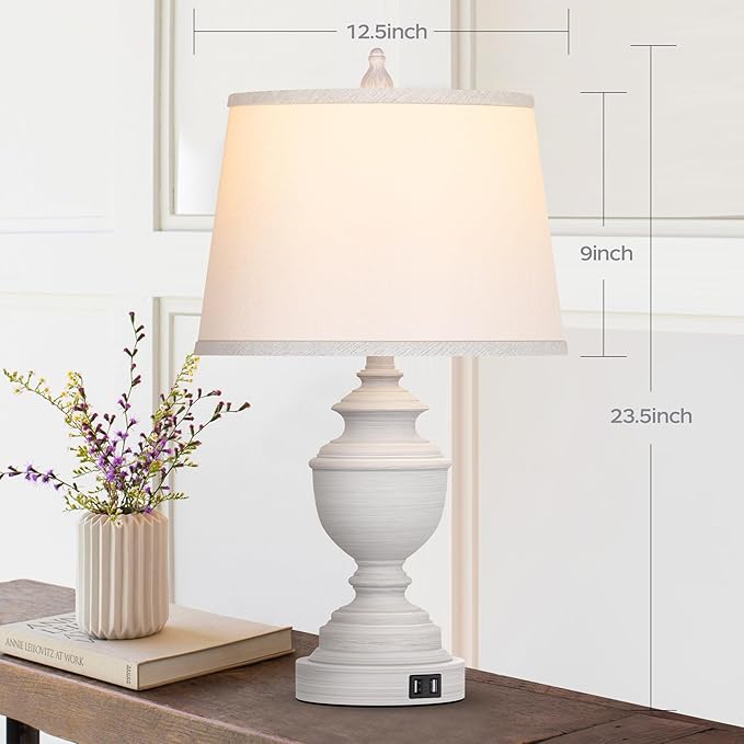 Table Lamps Set of 2, Modern Farmhouse Nightstand Lamp with USB Ports, 3-Way Dimmable Touch Control Washed White Bedside Lamps with Off-White Linen Shade for Bedroom Living Room, Bulbs Included