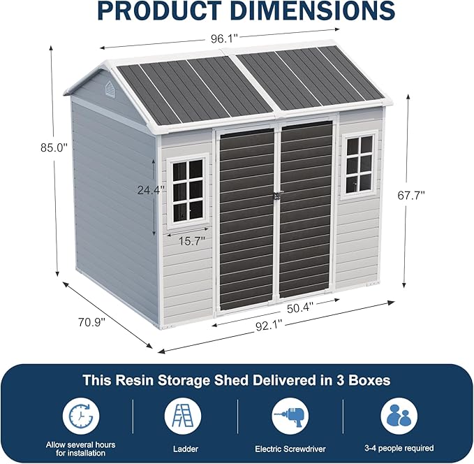 CDCASA 8x6 FT Resin Storage Sheds with Floor, Waterproof Large Outdoor Sheds and Adjustable Openable Windows,Outside Plastic Tool Shed for Backyard Garden Patio Lawn