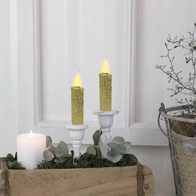 CVHOMEDECO. Glitter Flameless Candles Flickering Battery Operated LED Taper Candles with Timer for Home, Wedding, Halloween, Christmas Decor. Gold, 4-3/4 Inch, Set of 6