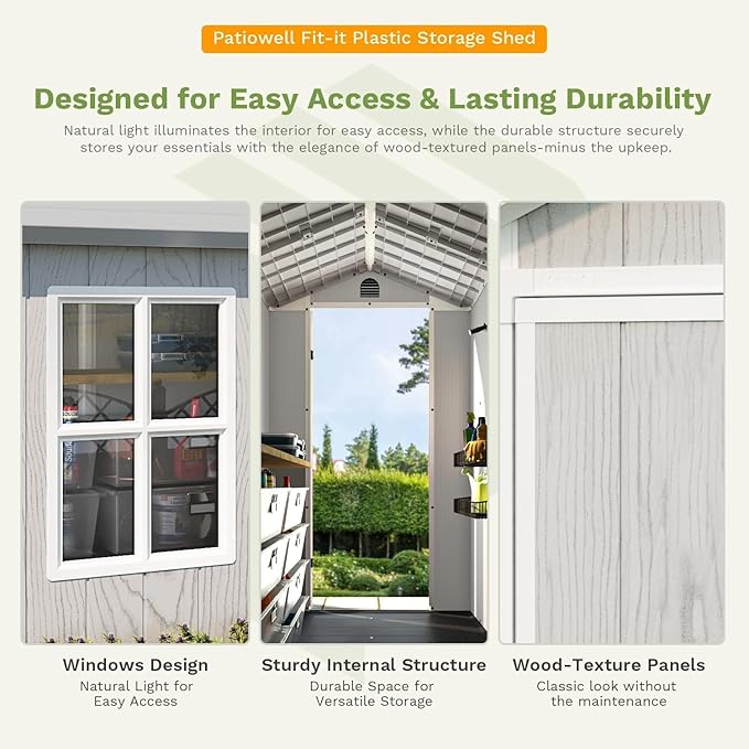 Patiowell 4 x 8 FT Plastic Outdoor Storage Shed with Floor, Garden Tool Shed with Two Windows and Single Lockable Door for Garden, Backyard, Lawn, Easy to Install, Light Grey