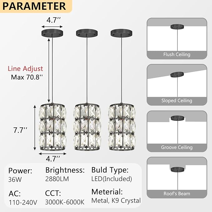 3 Pack Modern Crystal Pendant Lights for Kitchen Island LED Dimmable Glam Pendant Lighting Chandelier for Dining Room Hallway Corner Lamp Gold
