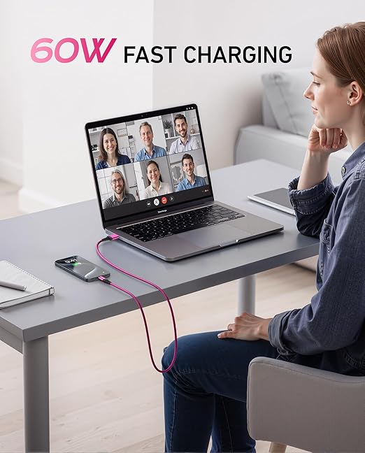 USB C Cable 60W Fast Charging [2 Pack 3FT], USB A to USB C Cable for CarPlay, USB to Type C iPhone Charger Durable Braided USBC Cord for iPhone 17/16/15/Pro Max, Samsung Galaxy S23 and More-Rose Red