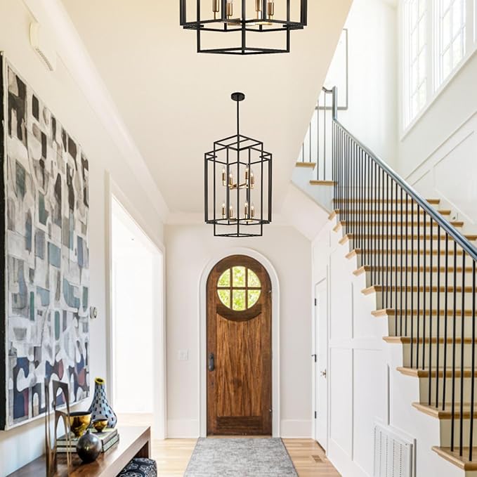 WJShome 8-Lights Farmhouse Chandelier, Modern Foyer Lighting Fixtures, Large Chandeliers for High Ceilings, Black and Gold Tiered Lantern Pendant Light, for Living Room, Staircase, Entryway