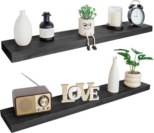 BGMG Wood Floating Shelves 48 inch, Wide Rustic Wooden Wall Shelves for Bathroom Living Room Bedroom Kitchen Farmhouse Set of 2-48x 6.7 x1.25 inch- Black