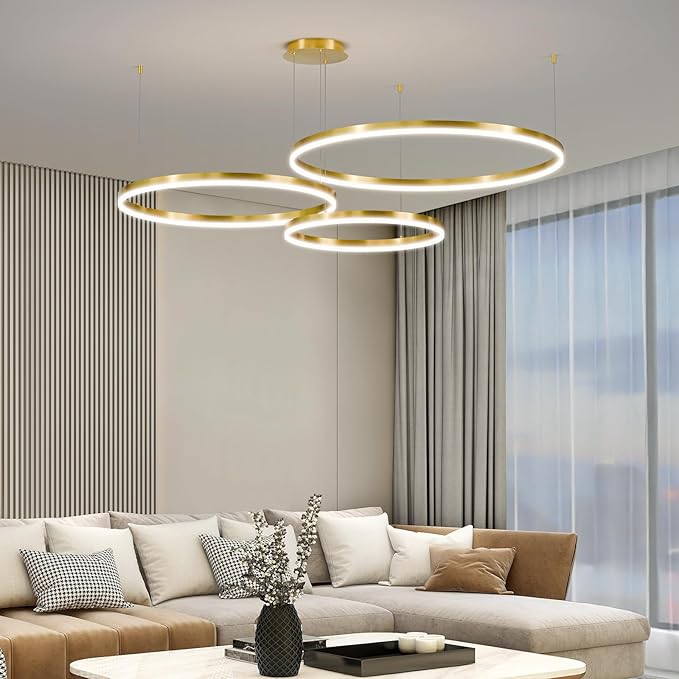 Gold LED Modern Chandelier, 3-Ring Pendant Light Fixture, Dimmable 3000K-6500K, Adjustable Hanging Ceiling Light Over Table for Dining Room, Kitchen Island, Living Room, Bedroom, Entryway