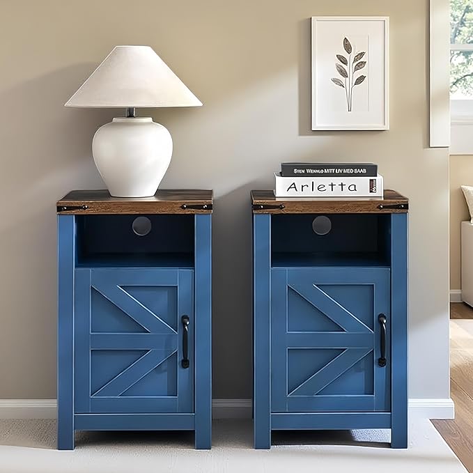 Navy Blue Farmhouse Nightstand Set of 2, Rustic End Table with Barn Door and Shelf, Bedside Table with Charging Station for Living Room, Bedroom